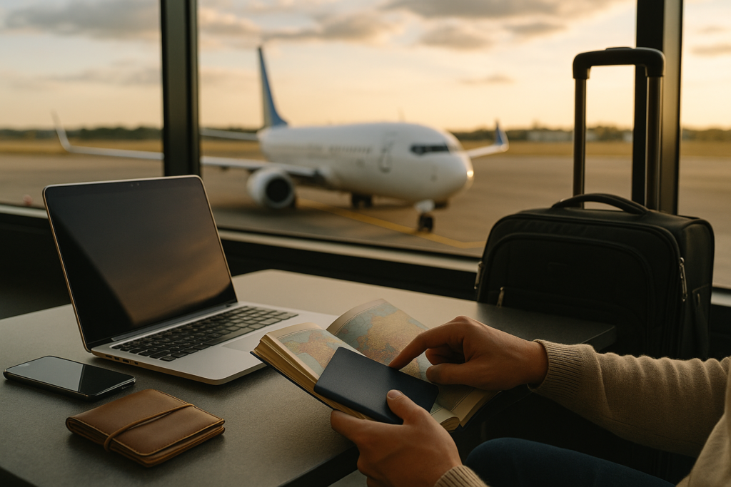 Illustration of a traveler planning a trip on a budget.