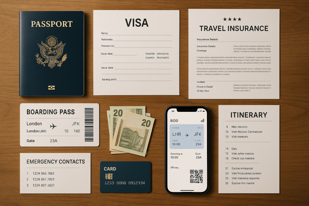 Flat lay of solo travel essentials including passport and boarding passes