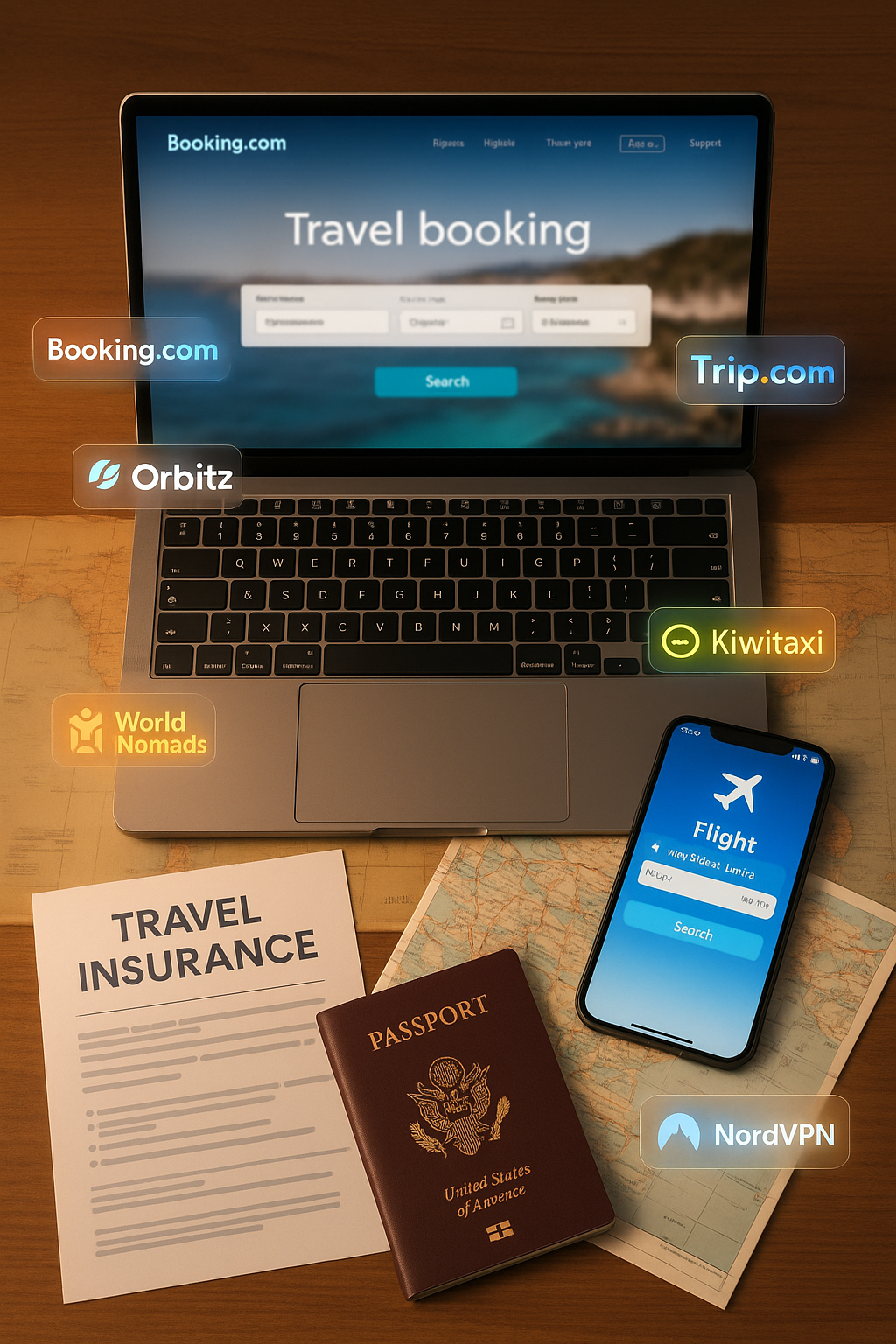 Flat lay of a travel-planning workspace with passport, laptop, and maps