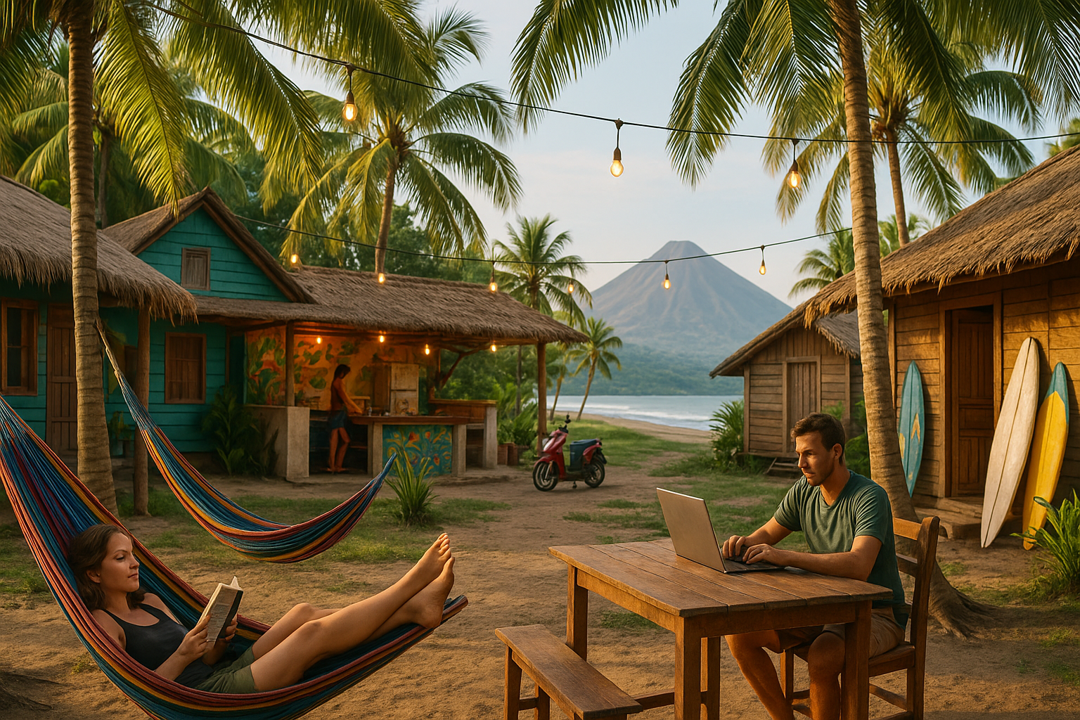 Budget-friendly Nicaragua hostel with hammocks and a tropical outdoor setting.