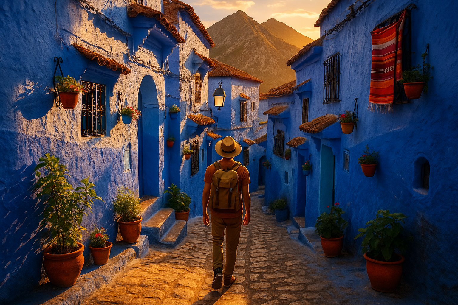 A traveler walking through Chefchaouen’s blue-painted streets in Morocco.