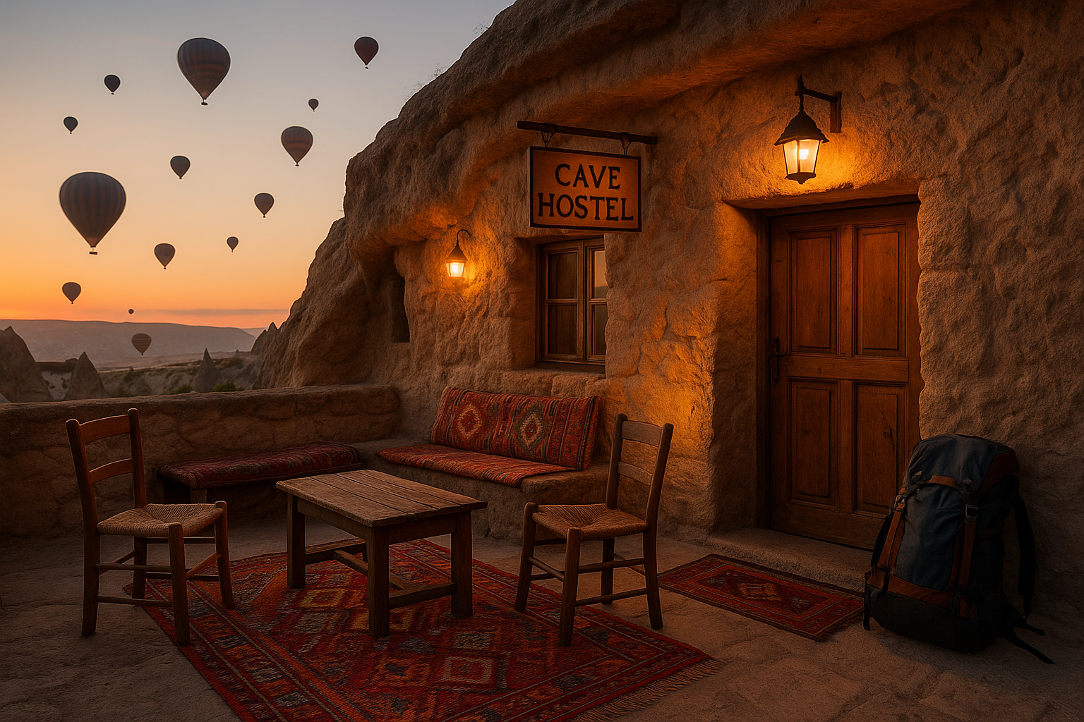A budget cave hostel in Cappadocia with traditional rugs and hot air balloons.