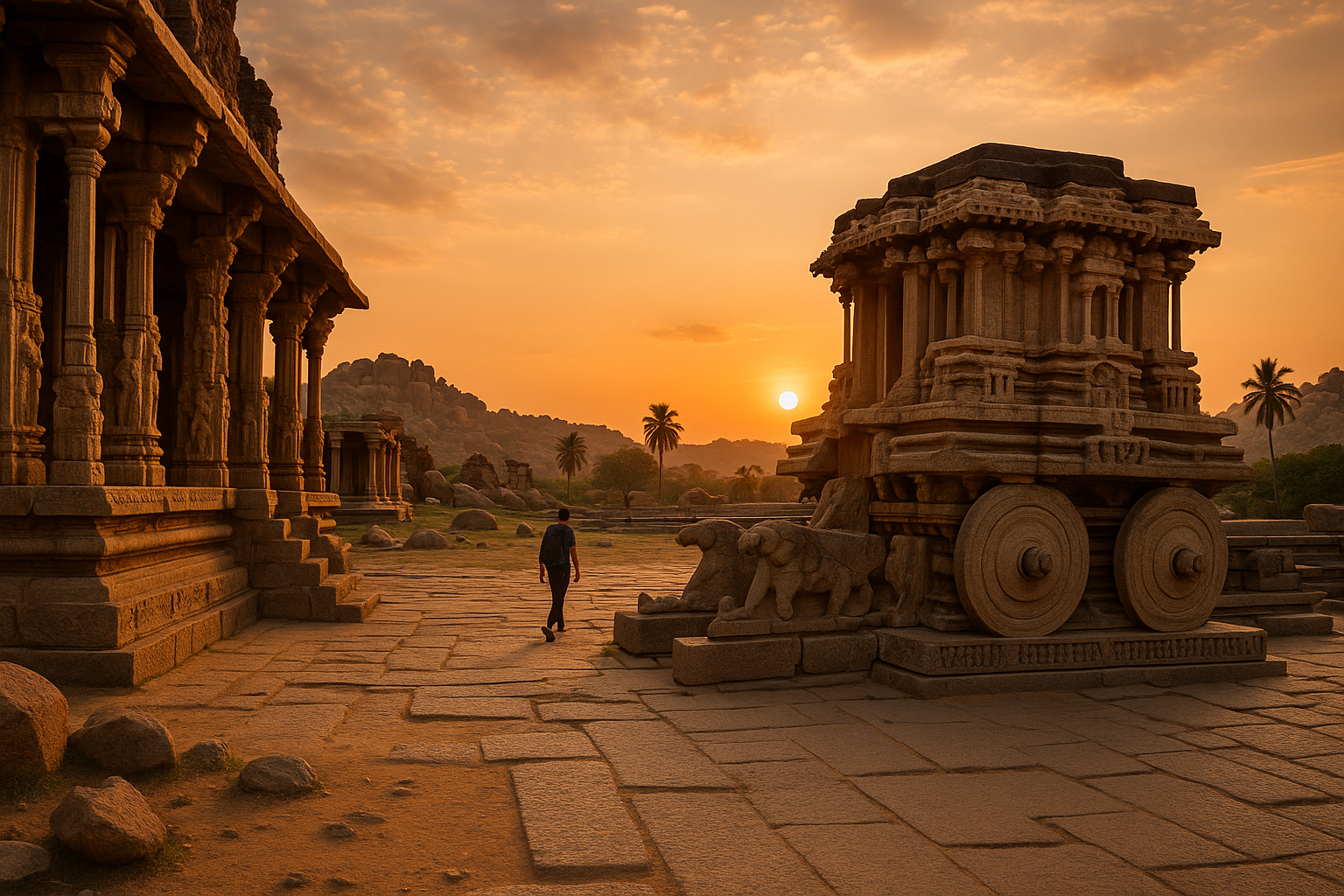 Ancient stone temples and a chariot at Hampi, India, at sunset.