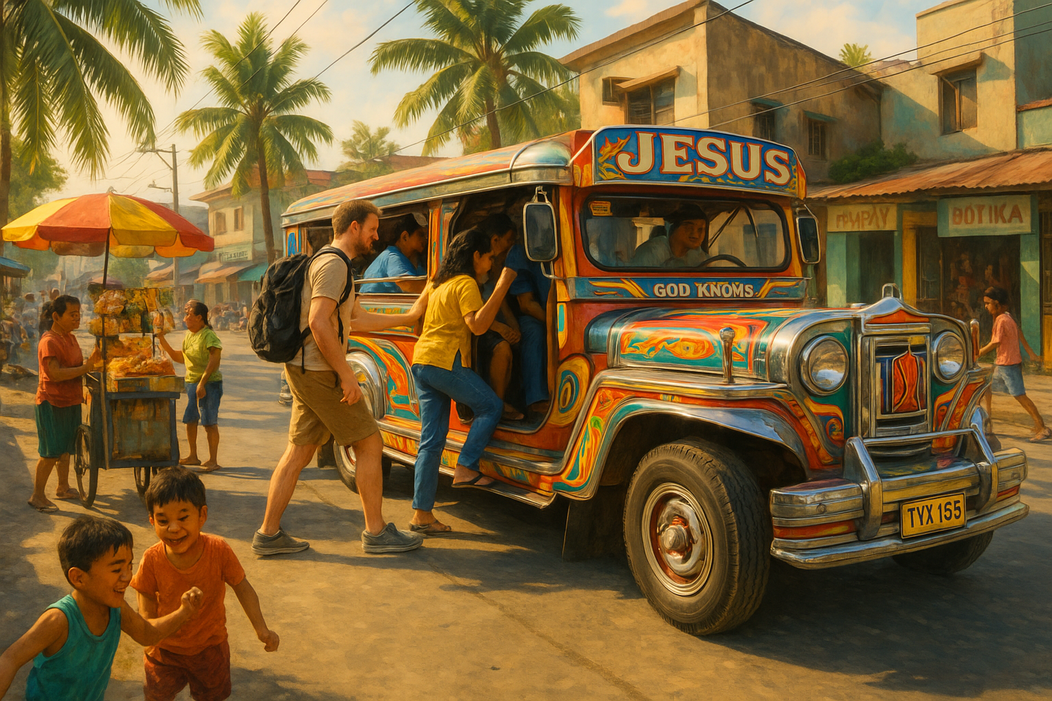 Passengers boarding a colorful jeepney on a busy street in the Philippines.