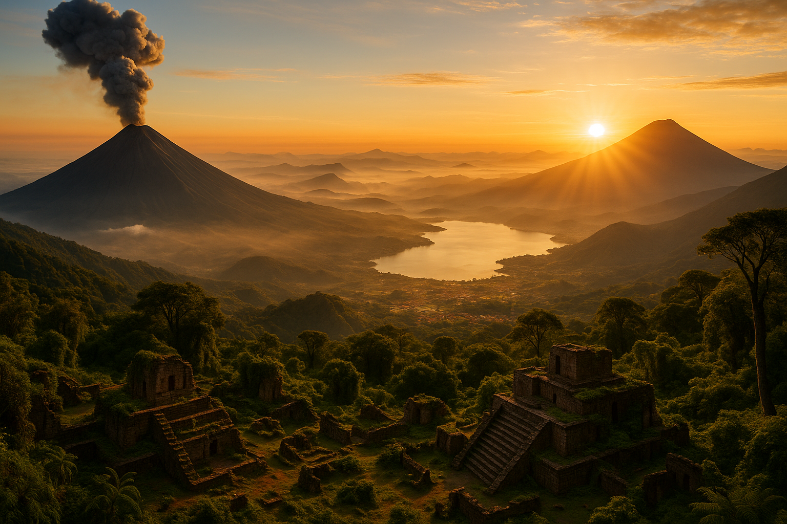 Sunrise over Acatenango Volcano and Volcán de Fuego in Guatemala.