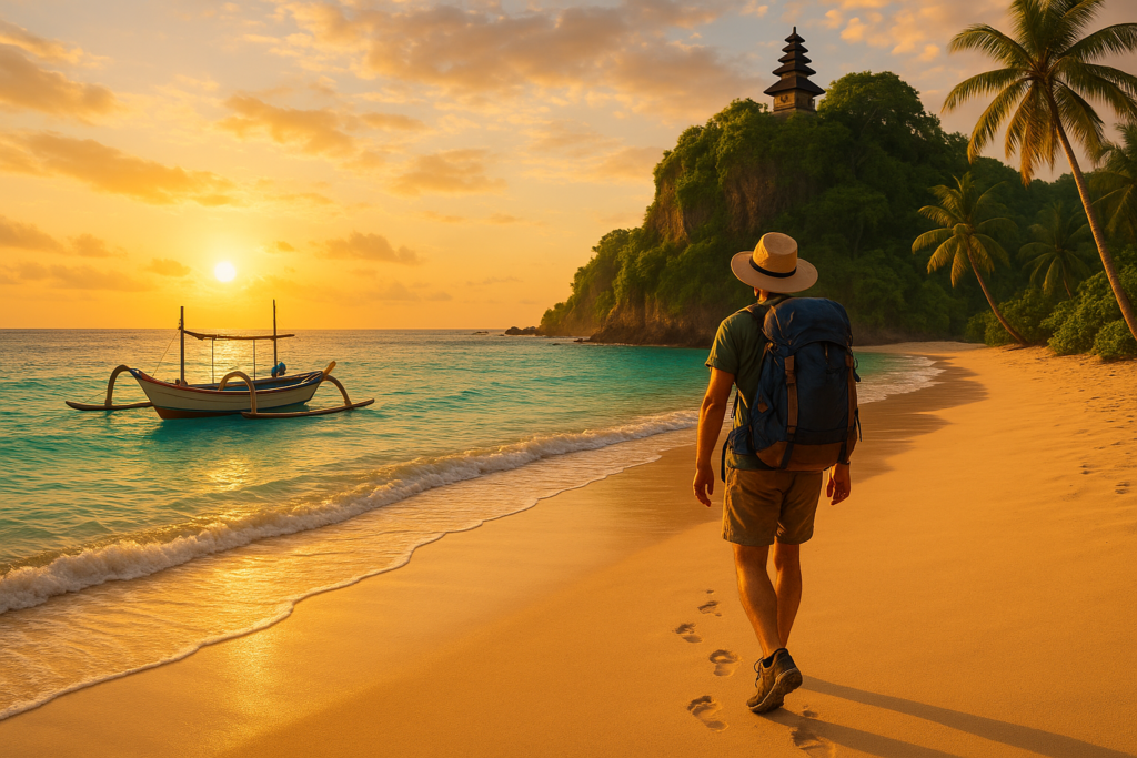 Backpacker walking along a tropical beach in Indonesia
