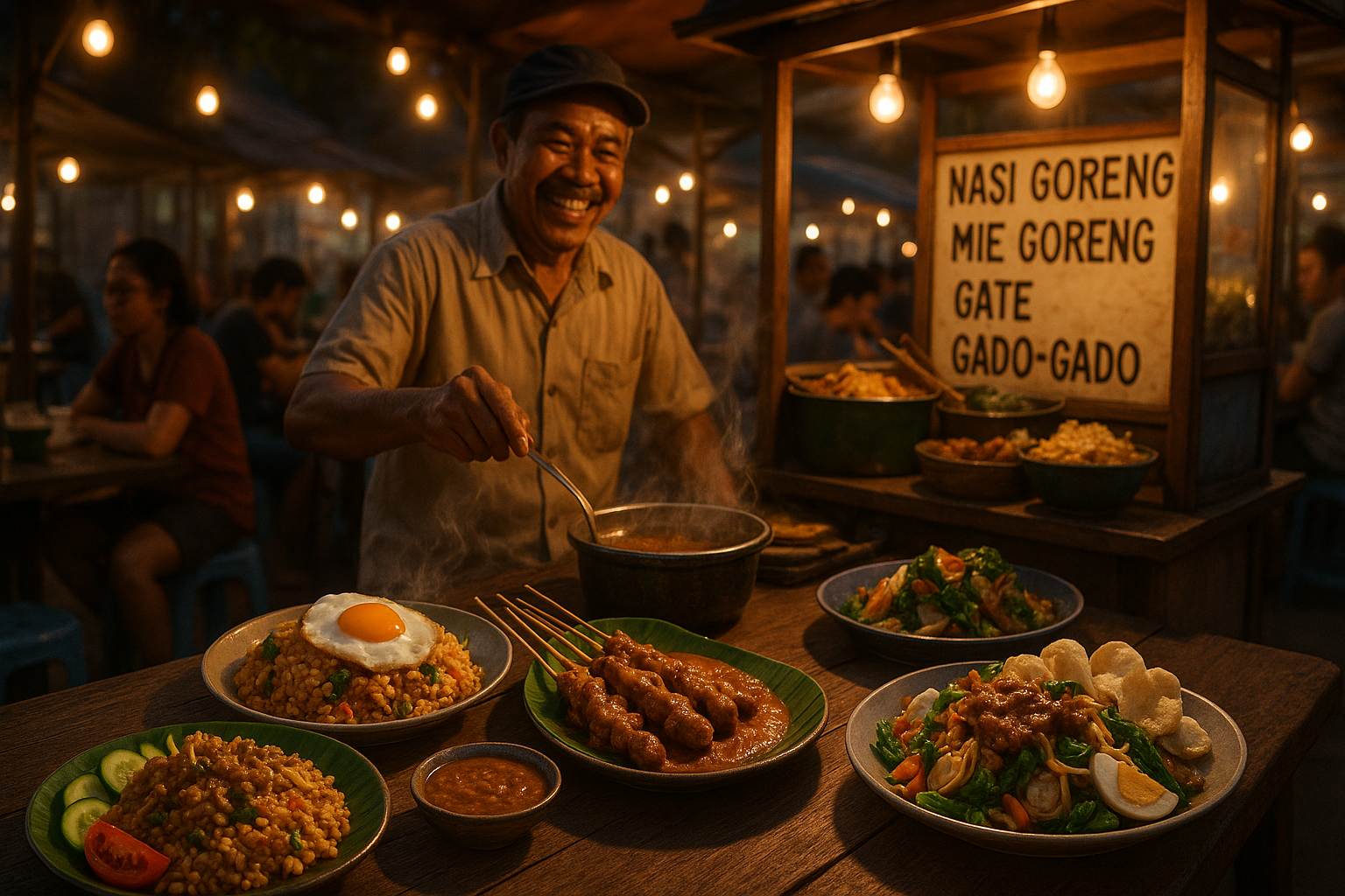 Indonesian street food served at a lively night market.
