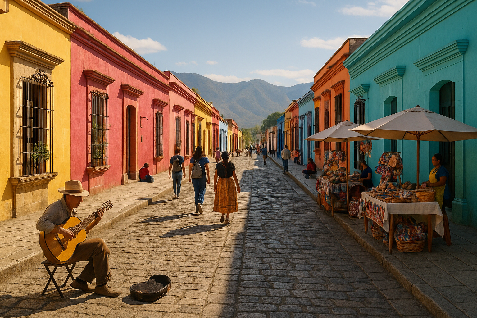 Colorful street scene in Oaxaca, Mexico, at golden hour.