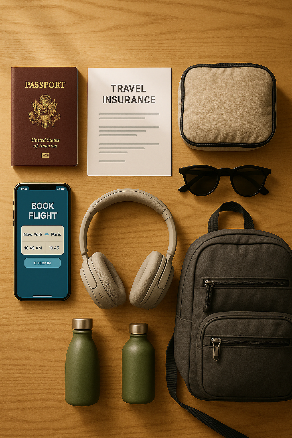 Passport, travel insurance papers, packing cubes, and travel essentials