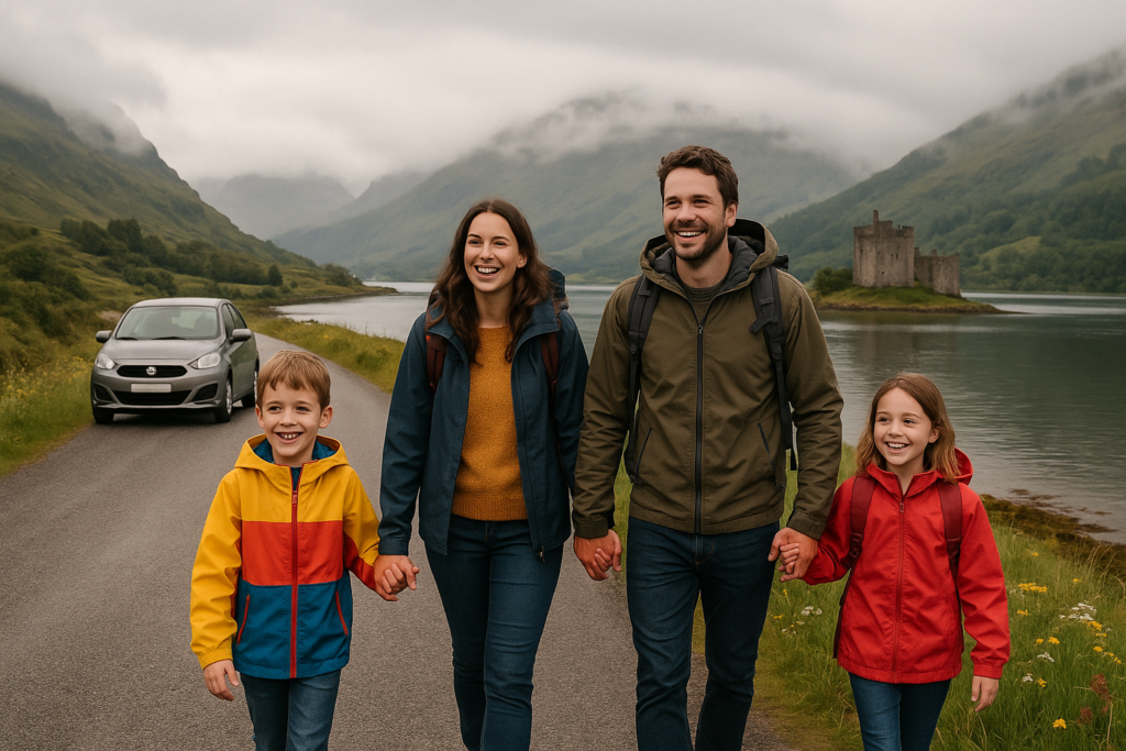 Family road trip in the Scottish Highlands surrounded by mountains and lochs