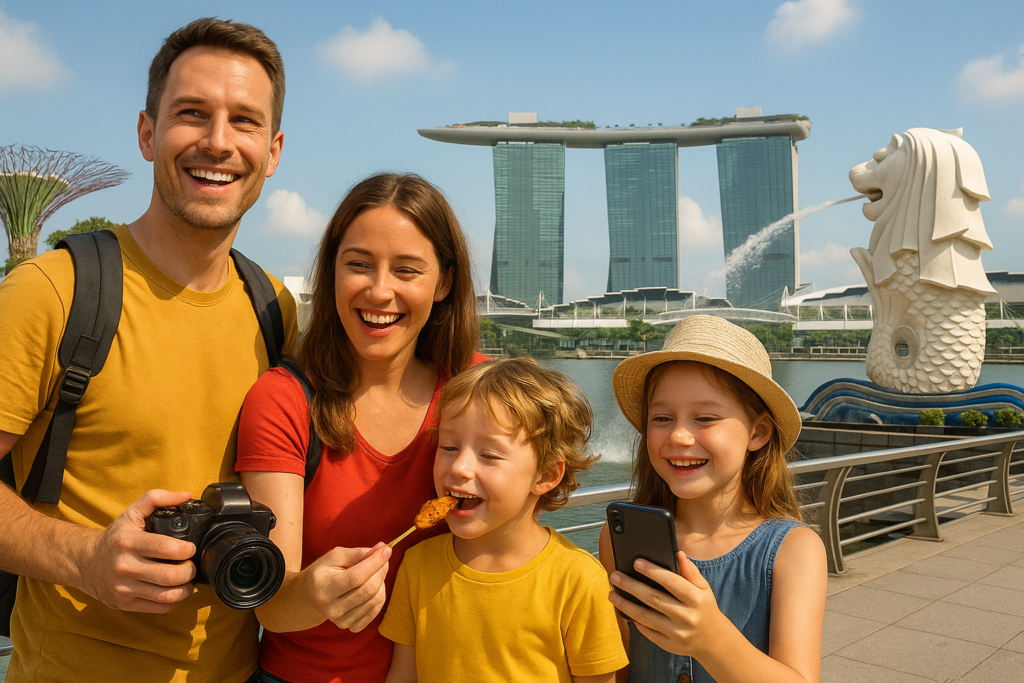 Family exploring Singapore's Marina Bay landmarks