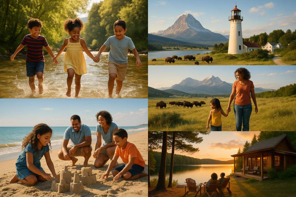 Collage of affordable U.S. family vacations featuring beaches, rivers and mountain landscapes