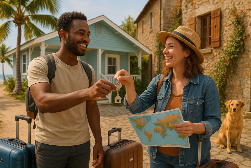 Two travelers exchanging house keys, illustrating a home swap.