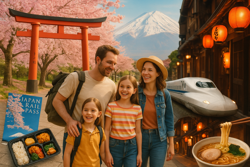 Family walking among cherry blossoms in Japan with Mount Fuji and traditional landmarks