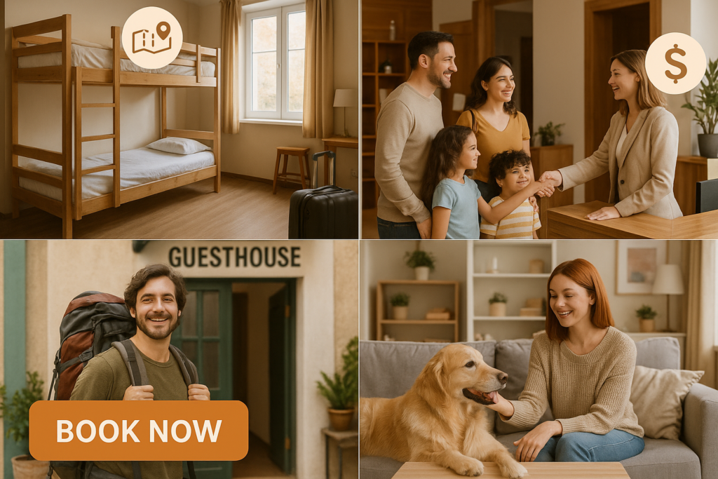 Budget travel collage illustrating affordable places to stay and trip planning options.