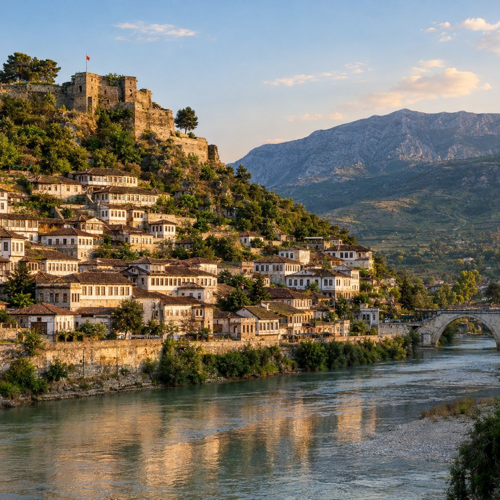 Traditional stone houses in Berat, Albania, rising above the Osum River.