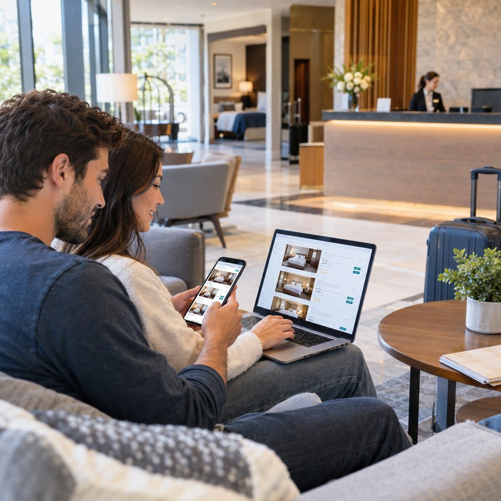Traveler comparing hotel booking options on a laptop and smartphone