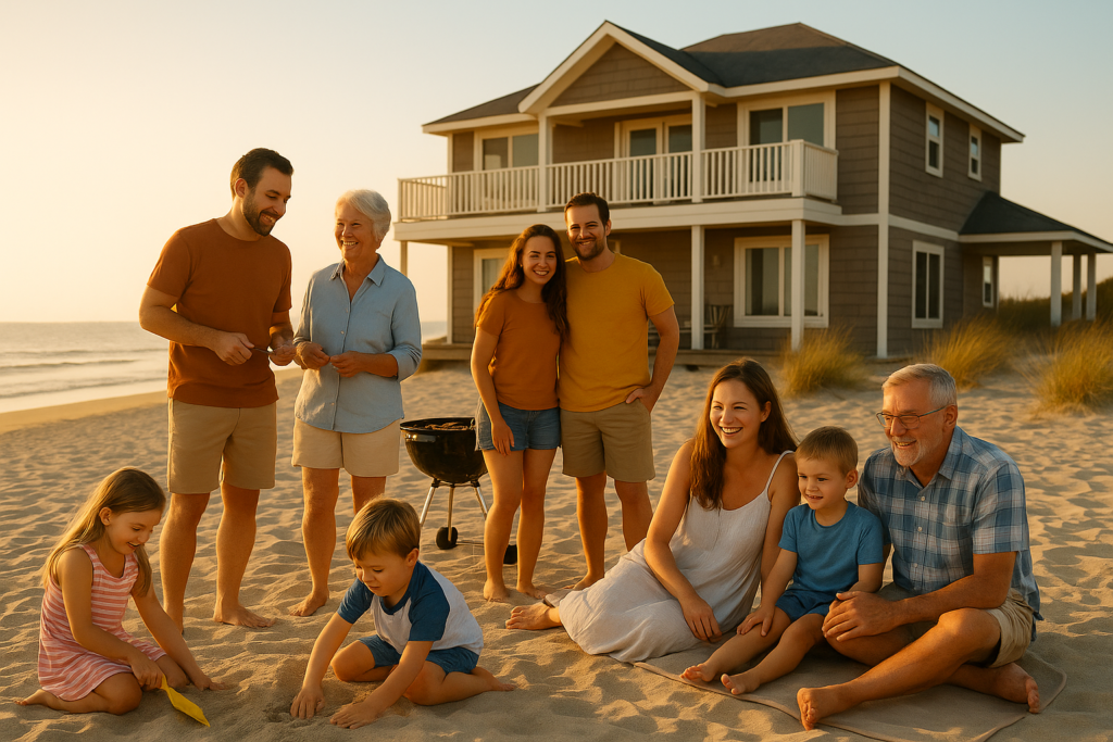 Large family enjoying a beach vacation at sunset