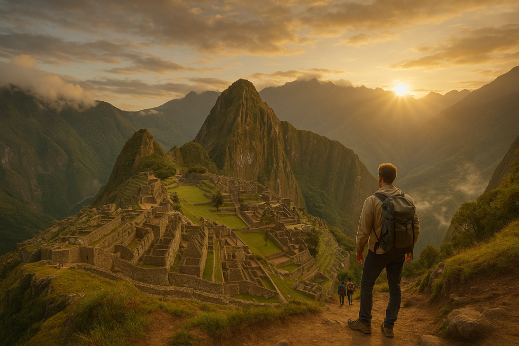 Backpackers overlooking Machu Picchu at sunrise