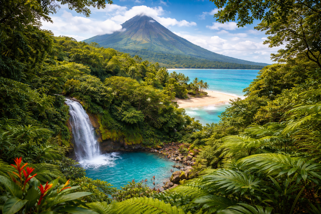 Rainforest, waterfall and Arenal Volcano in Costa Rica