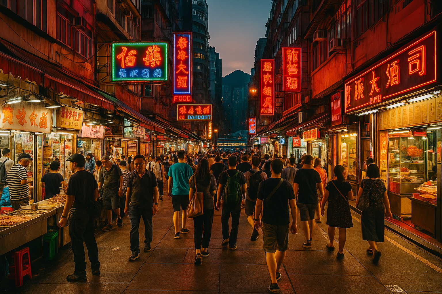 Hong Kong street market at dusk with colorful signs and travelers