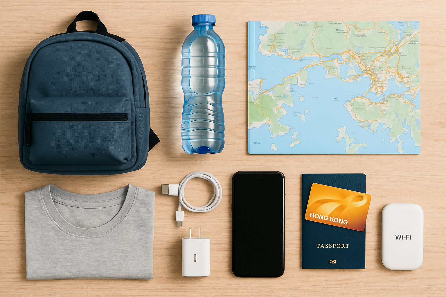 Hong Kong travel essentials arranged for a budget-friendly city break