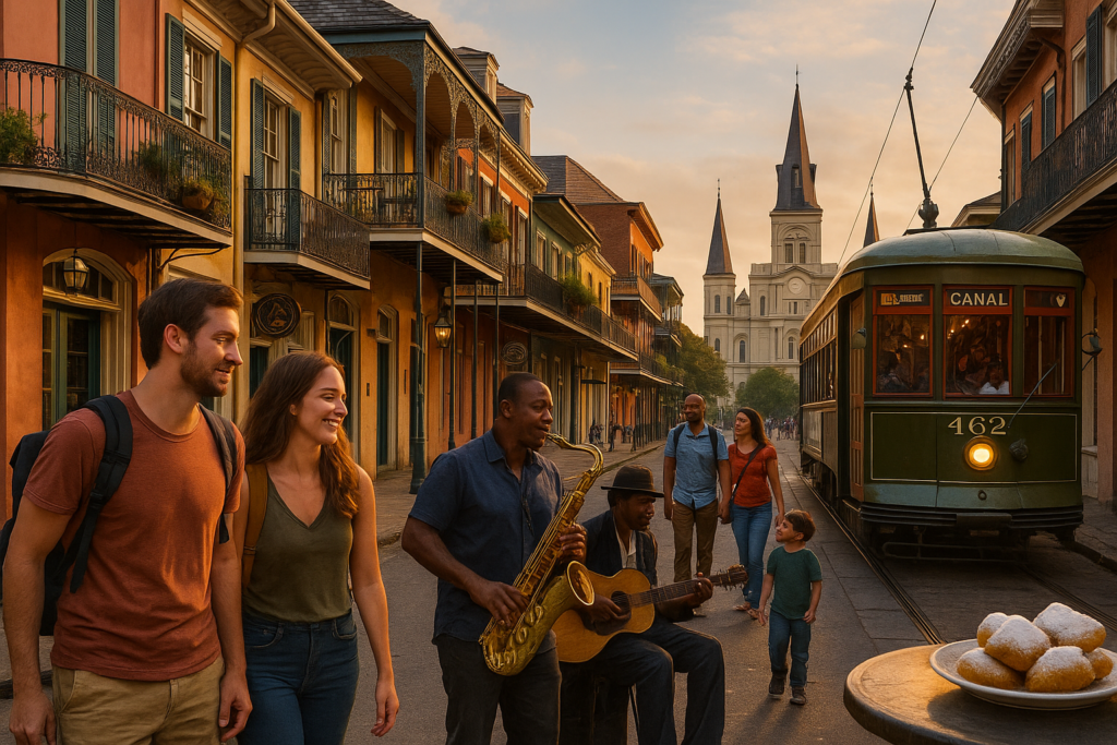New Orleans street musicians performing at sunset