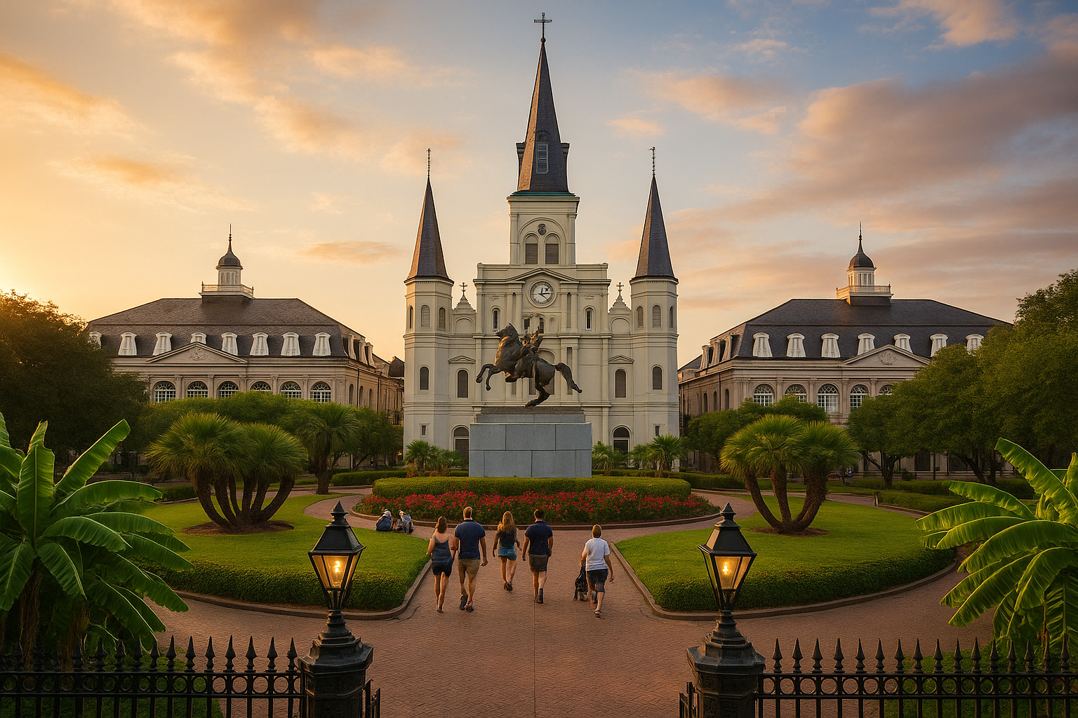 Jackson Square and St. Louis Cathedral in New Orleans at sunset
