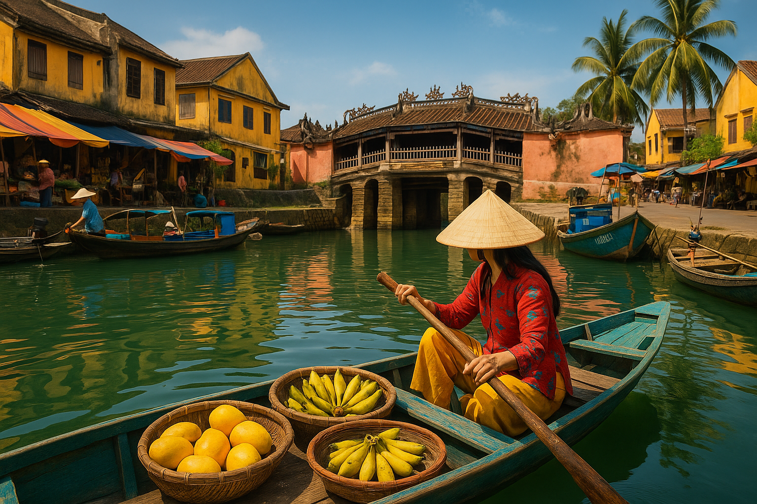 A traveler paddling a small boat along a calm waterway in Vietnam.