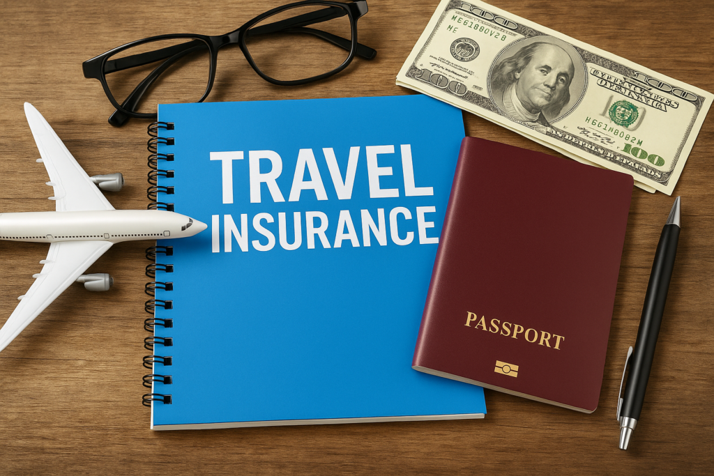 Travel insurance booklet beside a passport, cash, and a model airplane.