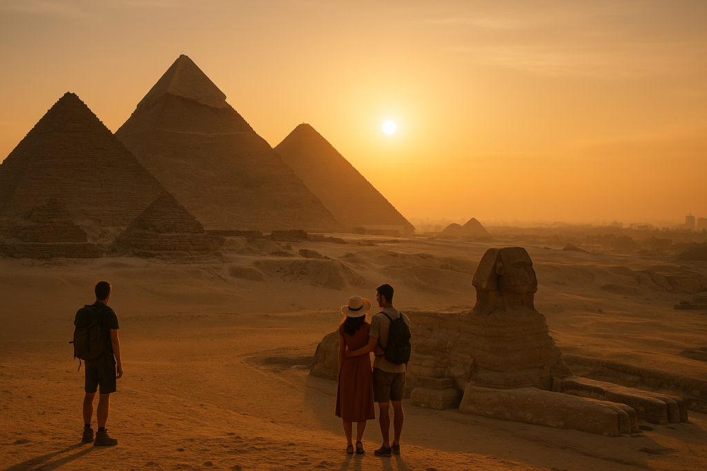 Pyramids of Giza and Sphinx at golden hour in Egypt