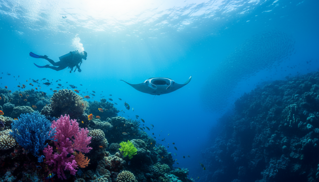 Scuba diver swimming over a coral reef with a manta ray