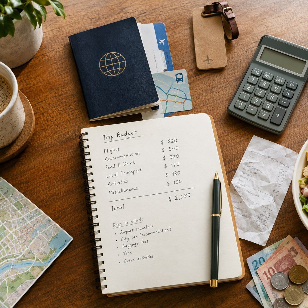 Travel budget notebook, calculator, passport, and receipts arranged on a desk