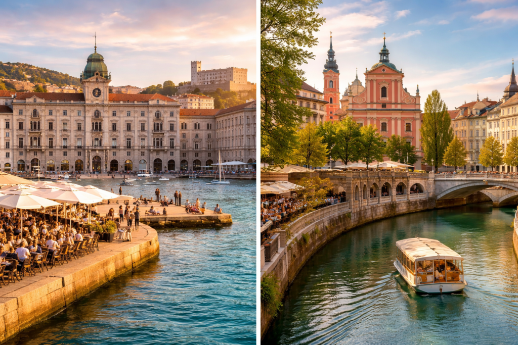 Trieste waterfront and Ljubljana riverfront at golden hour