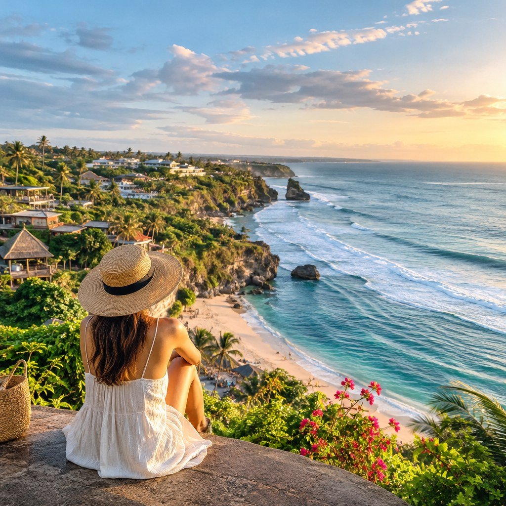 Tropical Bali scenery with palm trees and beaches for choosing where to stay