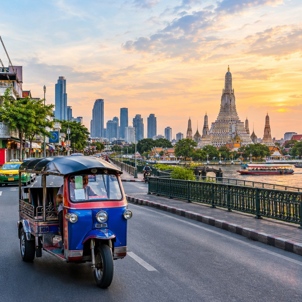 Bangkok city skyline and river scenery near popular hotel neighborhoods